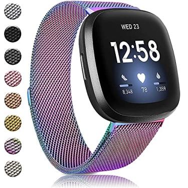 Imagem de Amzpas Pulseiras compatíveis com Fitbit Versa 3 Fitbit Sense, pulseira ajustável magnética de malha de aço inoxidável respirável para Fitbit Versa 3 / Sense para mulheres e homens (colorida, pequena)