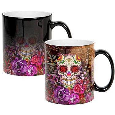 Imagem de Doce Gisele | Caneca de caveira de açúcar | Ativada por calor | Copo de café que muda de cor | Cerâmica com estampa floral | Revela cores vivas | Ótimo presente | Preto | 11 Fl. ml., Multi/Purple, 11 Oz