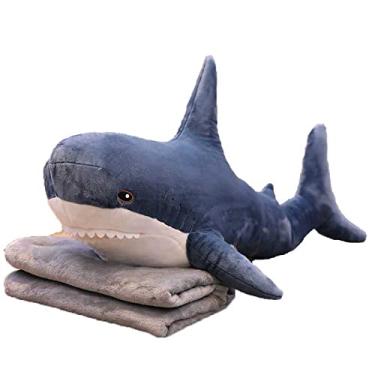 Imagem de Yajun Conjunto de travesseiro e cobertor de tubarão boneca de pelúcia tapete de soneca macio para TV sofá escritório simulação almofada animal marinho para aniversário natal, cinza, 60 cm