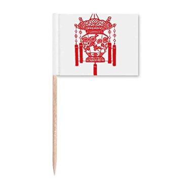 Imagem de Lanterna chinesa corte de papel padrão vermelho palito bandeiras marcador decoração de festa