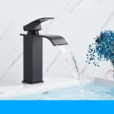 Imagem de Torneira para lavatório em cascata preto fosco torneira misturadora de alça única para lavatório de água quente e fria torneira para lavatório de banheiro torneira misturadora, curta, preto fosco