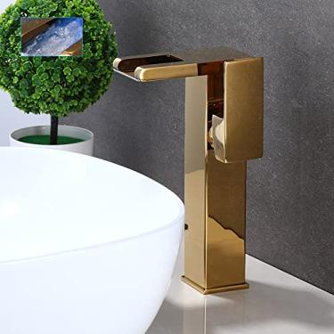 Imagem de Conjunto de torneiras de lavatório de banheiro com cascata de LED de latão Misturador de água quente e fria Torneira para pia de guindaste Mudança de cor Alimentado por torneiras de fluxo de água, Golden B