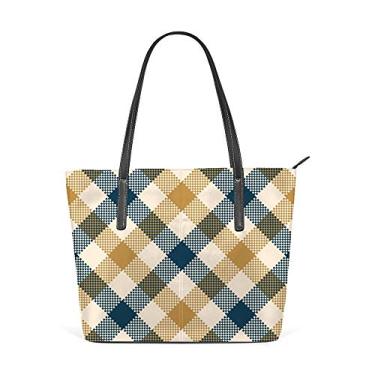 Imagem de Bolsa de ombro feminina sacola de couro para compras grande estampa xadrez xadrez ouro azul decoração bolsa casual
