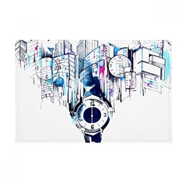 Imagem de DIYthinker Relógio de construção moderno da cidade em aquarela, tapete de chão antiderrapante, tapete para porta de banheiro