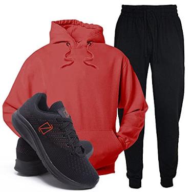 Imagem de Conjunto Blusa e Calça Moletom + Tenis Academia Casual Conforto - Vermelho/PretoLaranja - G/39