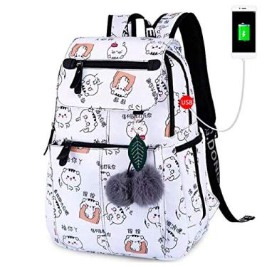 Imagem de Mochila Escolar Feminina Notebook/Cabo USB FengDong Branca Com Desenhos