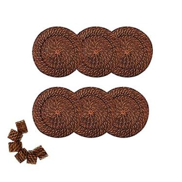 Imagem de kit 6 Sousplat com 06 anel Redondo Marrom em Rattan e Bambu Rústico Artesanal 32cm