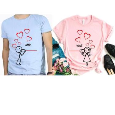 Imagem de Camiseta Namorados Kit  Casal Rosa E Azul Love Amor Unissex Presente -