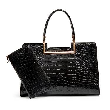 Imagem de Bolsa tiracolo com alça superior para mulheres com zíper estampa de crocodilo bolsa de couro feminina bolsa clutch, Preto