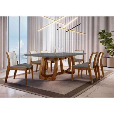 Imagem de conjunto de mesa de jantar retangular com tampo de vidro e 6 cadeiras florença bouclê grafite e imbuia