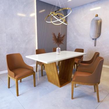 Imagem de Mesa De Jantar Safira 1,6m Off White 6 Cadeiras Tec. Sintético Caramelo Madeira Maciça Castanho