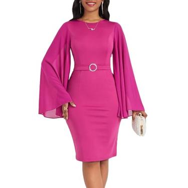 Imagem de SweatyRocks Vestido feminino colado ao corpo com gola redonda e manga longa e caimento justo, elegante, Rosa choque, G