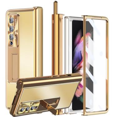 Imagem de Capa para Samsung Galaxy Z Fold 5 4 3 5G liga de alumínio metal, suporte com 2 dobradiças, com caneta, protetor de tela de vidro, proteção para câmera, capa resistente masculina e feminina (ouro com ouro, dobra 5)