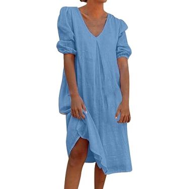 Imagem de Vestidos casuais femininos cor sólida linho gola V solto manga curta vestido vestido longo vestido de comprimento médio, Azul, M
