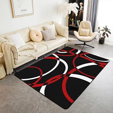 Imagem de Tapete de área moderno abstrato 1,5 x 1,8 m preto branco vermelho círculos tapete decorativo para adolescentes adultos redemoinhos geométricos espiral simples durável tapete antiderrapante para escritório sala de estar