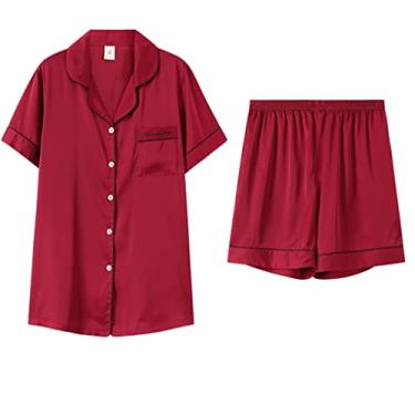 Imagem de Pijama feminino verão gelo seda manga curta vermelho seção fina verão seda conjunto de roupas para casa estilo de verão (cor: vermelho, tamanho: código L)