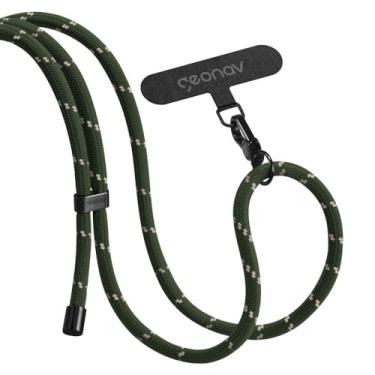 Imagem de Geonav Cordão de pescoço universal para celular, encaixa em todas os modelos de capinhas, alça ajustável, 1.6 m, lavável, poliéster, evita quedas, CDUM03, verde com cru