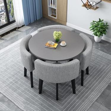 Imagem de Mesa de jantar de negócios, combinação de mesas e cadeiras de recepção de negociação redonda, cafeteria Mesa de lazer estilo retrô cadeira de tecido de linho de algodão Pernas de metal Escri