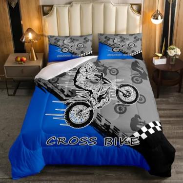 Imagem de Erosebridal Jogo de cama infantil para amantes de esportes radicais, temática de motocross, azul, motociclista, 3D, aquarela, moto, edredom solteiro com 1 fronha