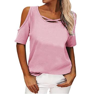 Imagem de Blusa feminina com ombros de fora, de manga curta, tamanho grande, Y2K, de algodão, com ombro vazado, túnica básica, rosa, XXG