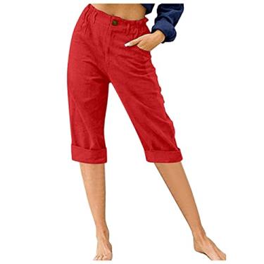 Imagem de Calça de linho feminina outono verão ajuste solto perna reta calça básica feminina 2024, U-091 Vermelho, GG