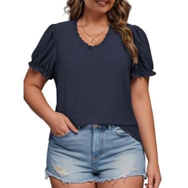 Imagem de ROSRISS Camisetas plus size femininas de verão, ilhós, renda, túnicas de manga curta, 08_azul marinho, 4G
