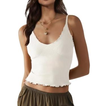 Imagem de Carpetcom Camiseta feminina sem costura, ajustável, alças finas, gola V, canelada, sem mangas, com babados, Bege branco, G
