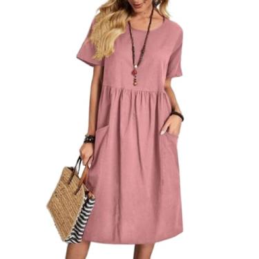 Imagem de Larmliss Vestido feminino grande verão gola redonda manga curta vestido midi solto casual túnica vestidos de praia com bolsos, rosa, G