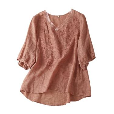 Imagem de Camiseta feminina bordada de algodão e linho, caimento solto, cor sólida, gola V, manga 3/4, túnica, Vermelho, GG