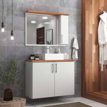 Imagem de Gabinete Para Banheiro Com Cuba E Espelho Organico 80cm Mdf Nogal Com Branco Paris - On Móveis