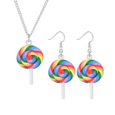 Imagem de Dreuyet Conjunto de colar de brincos de pirulito colorido arco-íris para mulheres meninas conjunto de joias de pirulito de argila macia bonito feito à mão redondo espiral pirulito colar engraçado de