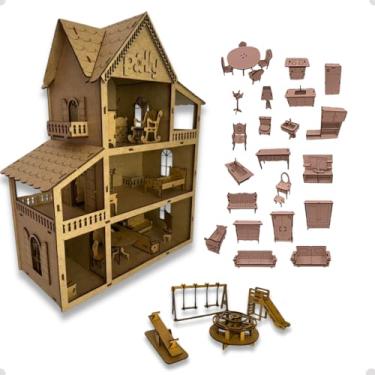 Imagem de Genérico - Casa de Bonecas Casinha MDF 60cm com 30 Mini Móveis - Cor Cru
