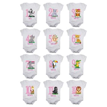 Imagem de Kit body de bebê mesversario manga curta safari menina 12 bodies 1 a 12 meses