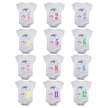 Imagem de Kit body bebê mesversario manga curta estampa chuva de benção 12 bodies 1 a 12 meses