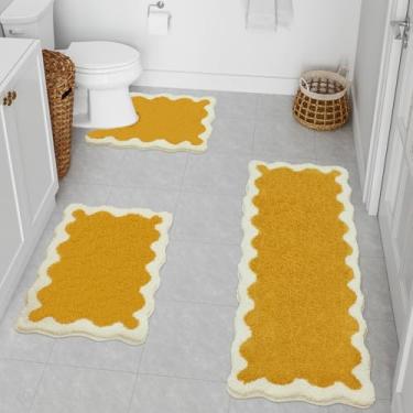 Imagem de Uphome Conjunto de tapetes de banheiro recortados, 3 peças, amarelo, antiderrapante, fofo, com contorno em forma de U, tapete de banho de microfibra desgrenhado de secagem rápida, tapete de banho