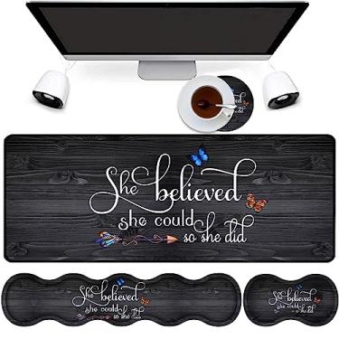 Imagem de Mouse pad grande para jogos + suporte de pulso para teclado + descanso de pulso para mouse + porta-copos + almofada de mesa com borda costurada conjunto ergonômico de espuma viscoelástica She Believed