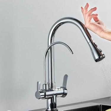 Imagem de Filtro de sensor de toque Torneira de cozinha de água Torneira de latão antigo Torneira misturadora de pulverizador com guindaste giratório de água pura para cozinha, cromado