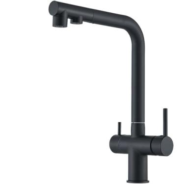 Imagem de Torneira de pia de cozinha filtrada com puxador para baixo, 2 alças, 3 em 1, filtro de água, purificador, torneira de água potável, preto fosco