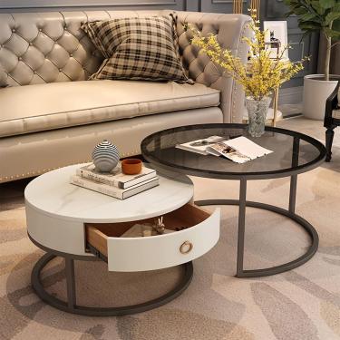 Imagem de Conjunto de mesa de centro de aninhamento redondo, gaveta de armazenamento de mesa de centro de vidro para sala de estar, mesa de chá moderna conjunto de 2 com estrutura de metal de mesa de