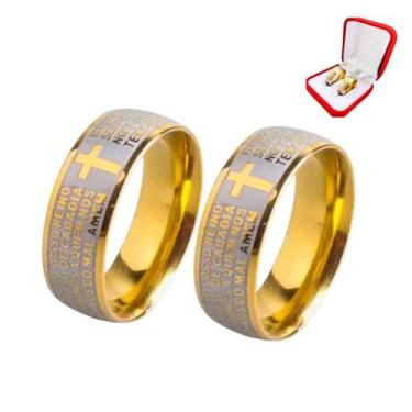 Imagem de Par Anel Oração Reza Pai Nosso Banhada Ouro 18k 6mm Aliança Religioso 