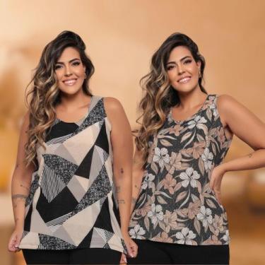 Imagem de Kit 2 Blusas Regata Plus Size Estampada Casual Liganete Premium Estamp
