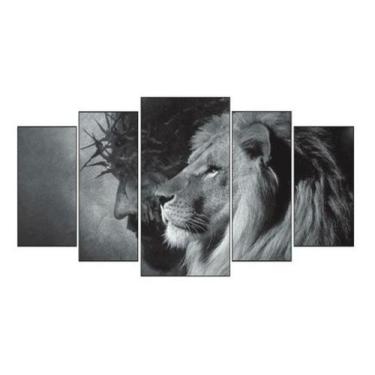 Imagem de Quadro Mosaico Sala 5 Partes Leao E Jesus Branco E Preto - Paradecoraç