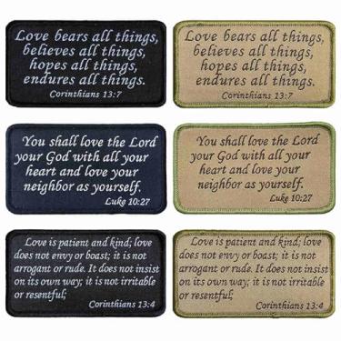 Imagem de Adesivos de versículo da Bíblia (5 x 8,9 cm) - Emblema bordado com dizeres da Bíblia para bonés, bolsas, mochilas, colete tático - Lucas 10:27, Corinthians 13:7, Corinthians 13:4