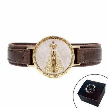 Imagem de Pulseira de Couro Magnética Feminina Marrom Nossa Senhora Aparecida Fu