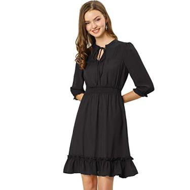 Imagem de Allegra K Vestidos femininos de outono para convidados de casamento, bainha com babados, manga 3/4, evasê, vestido curto de chiffon, Preto, 3G