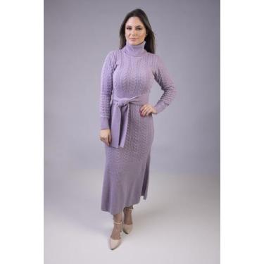 Imagem de Vestido Longo em Tricô com Gola Alta e Cinto - Jéssi Malhas, Lilás, P
