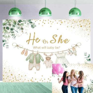 Imagem de Pano de fundo verde revelador de gênero 20 x 1,8 m, ele ou ela, o que será o bebê, banner, boho, sálvia, folhas de eucalipto, decoração de chá de bebê, suprimentos para fotos