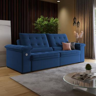 Imagem de Sofá 3 Lugares Retrátil Reclinável com USB Veludo 230cm Khalifa Wood Estofados - Azul