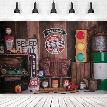 Imagem de No. 66 Armazém de Reparação de Carro Imagem Fundos de Sinalização Mecânica de Carro Menino 1 ano de idade Bolo Decoração Fundo Rota 66 Posto de Gasolina Foto Studio Pano de Fundo Vinil, 1,8 x 1,2 m