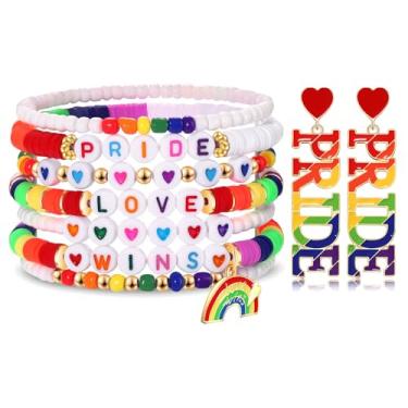 Imagem de PHALIN Brincos de pulseira de orgulho para mulheres, pulseira elástica com contas Heishi arco-íris LGBTQ, pulseiras de orgulho com bandeira de coração, pulseiras empilháveis de argila e disco de